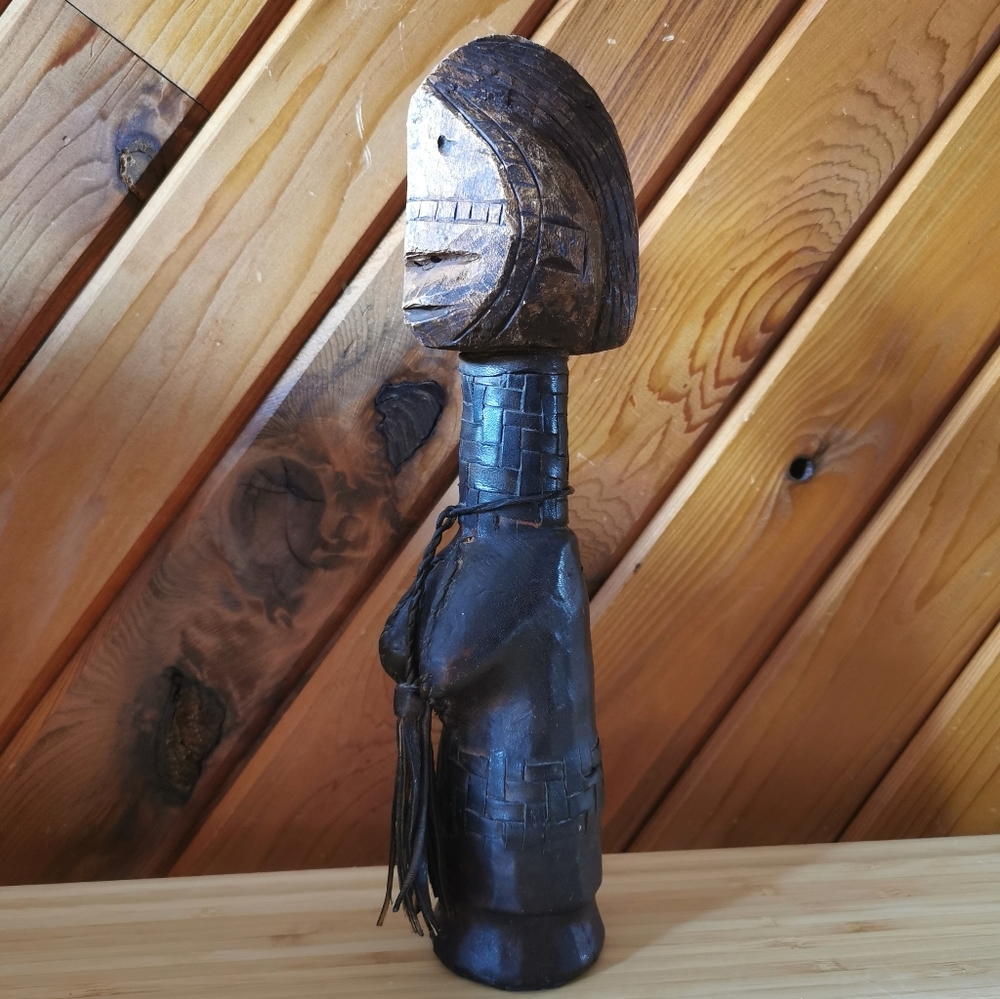 Vintage African Tribal Style Hand Carved Wood Figure Leather Wrapped